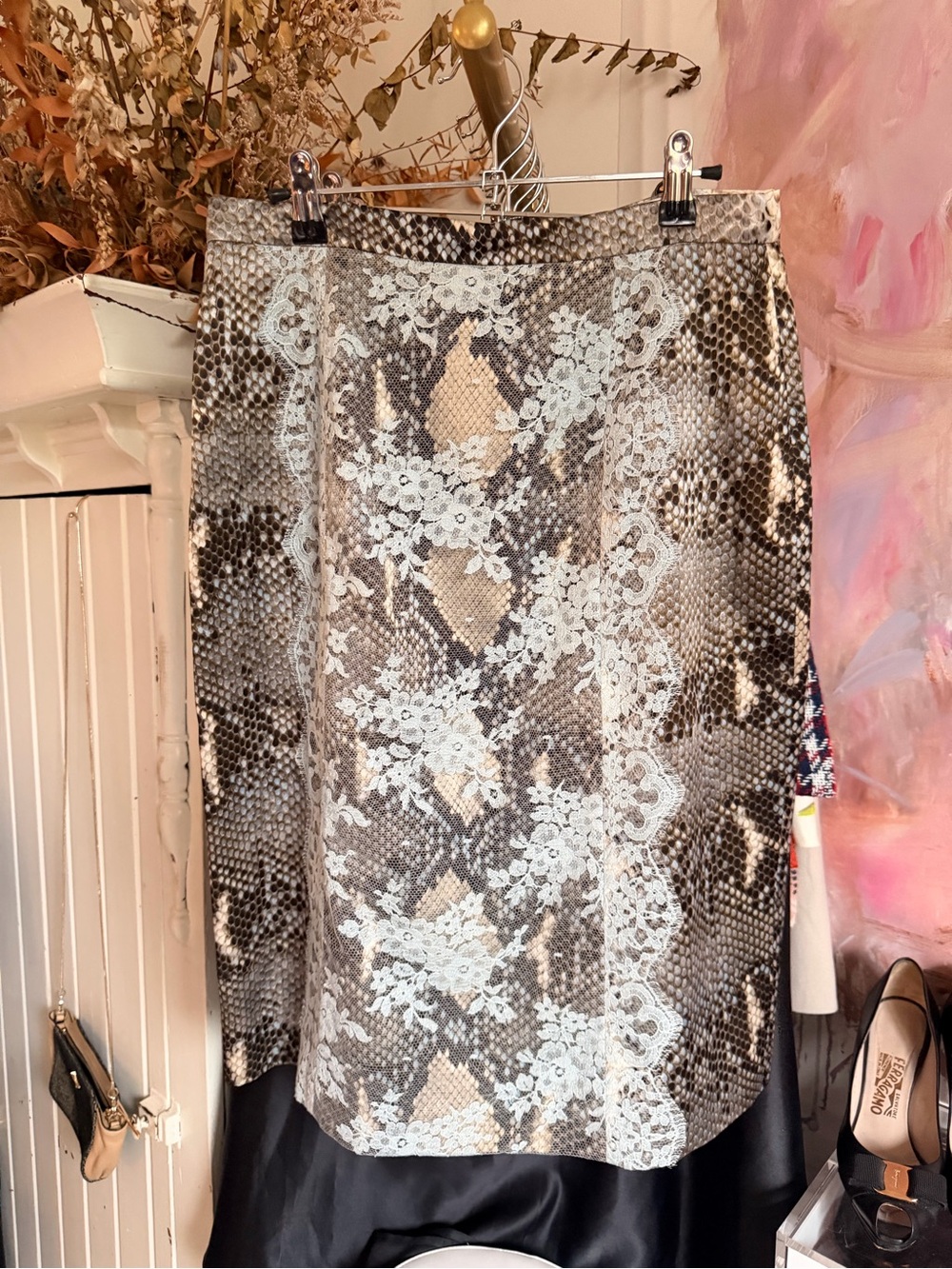 ERDEM Snake-Print Lace-Overlay Pencil Skirt - Black & Gray